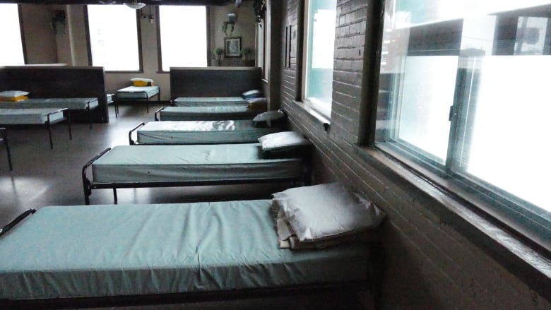 A row of single beds in a room with large windows.