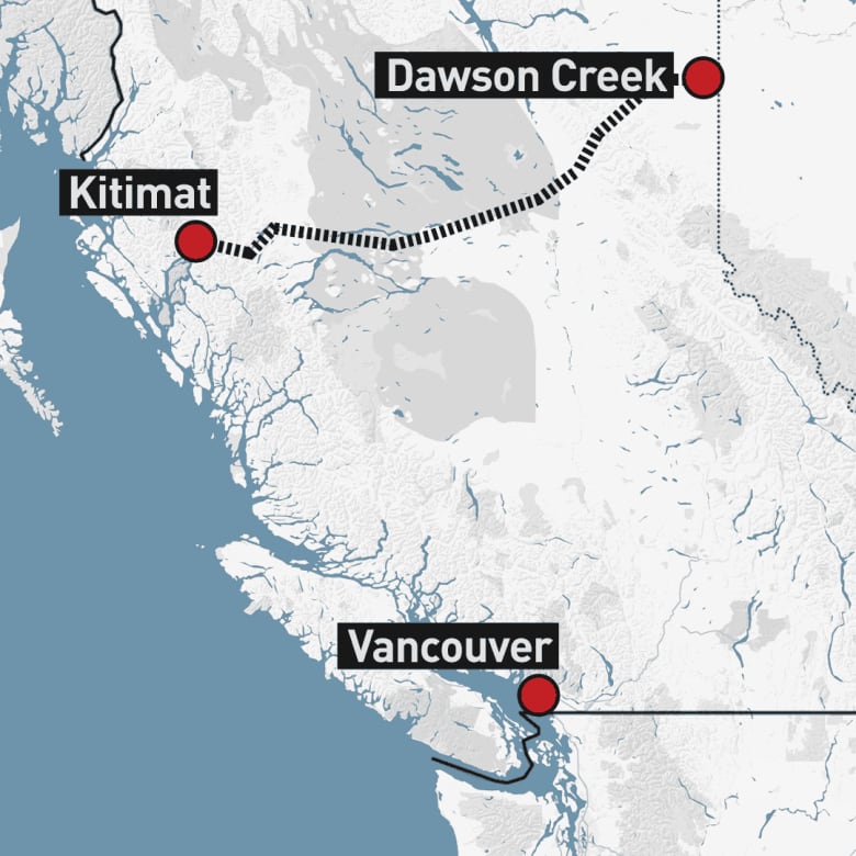 A map shows the pipeline's northern route from Dawson Creek on the right to Kitimat, B.C., on B.C.'s North Coast on the left.