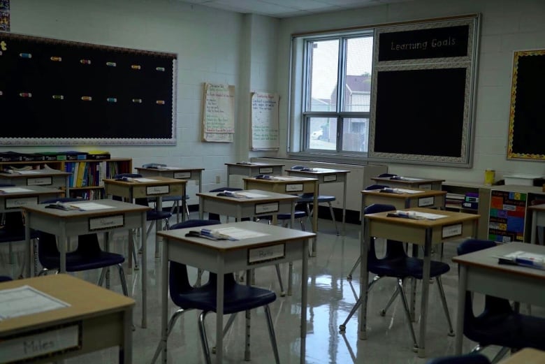 Empty classroom with spread out desks with student name labels, and school supplies on top.