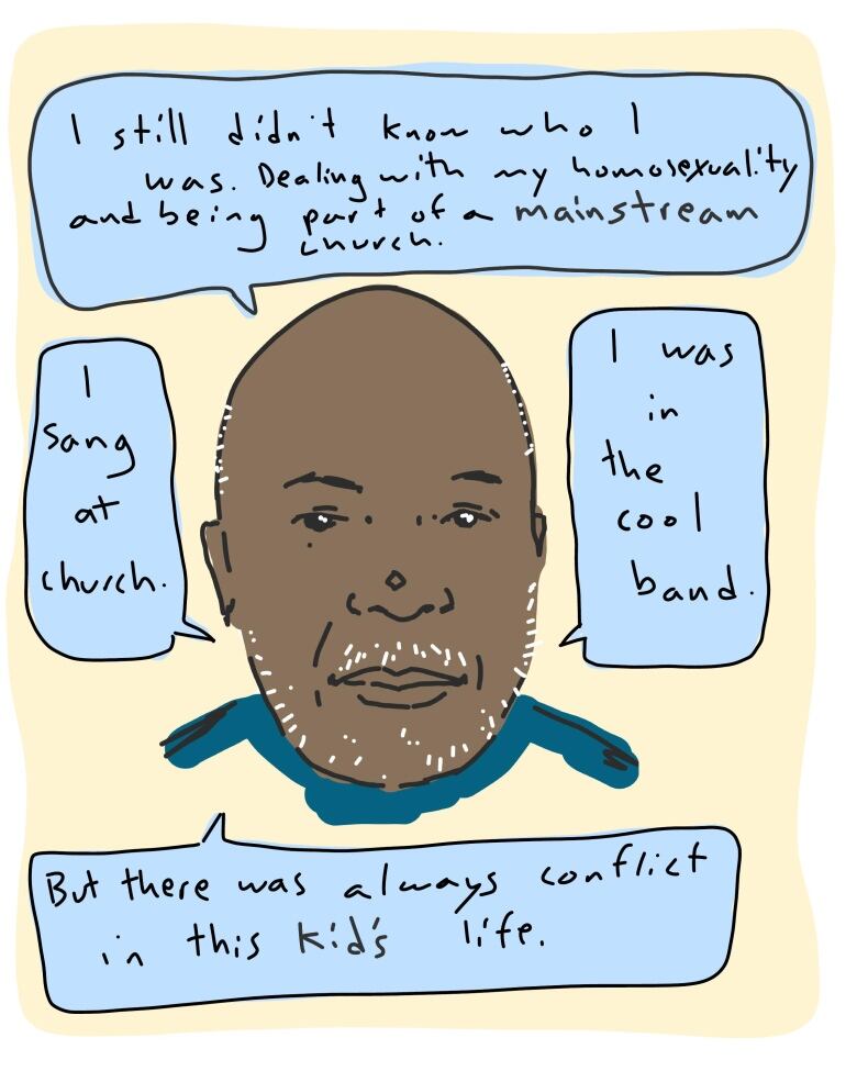 A graphic with text bubbles coming from the face of an older Black man. The text reads 