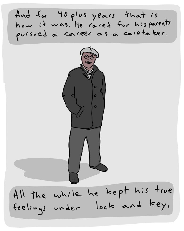 A graphic of a Black man wearing a cap, a black jacket and grey pants. The text reads 