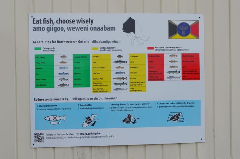 A sign details tips for choosing different kinds of fish to eat in areas contaminated with mercury. 