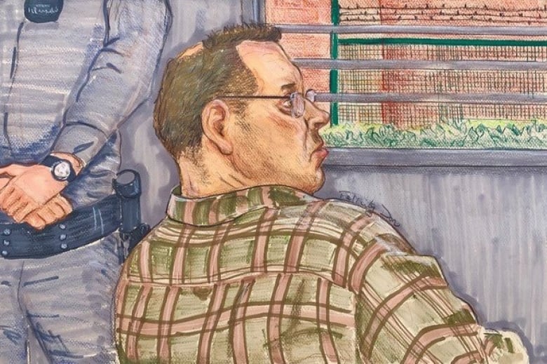 A court artist's sketch of a man in glasses with short, thinning-on-top thick brown hair, stubbled face, wearing a checked shirt.