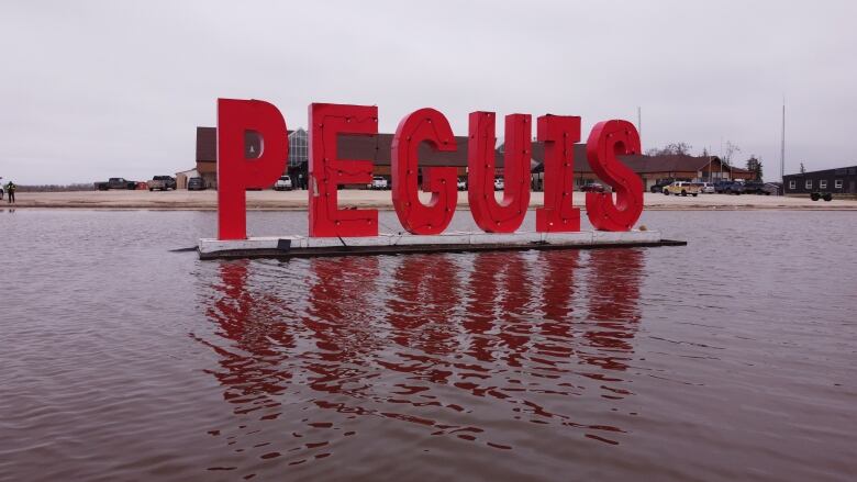 A sign is pictured above flood waters.