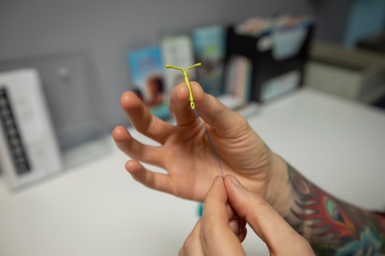 Demonstration of how to insert an intrauterine device (IUD) into a uterus model.