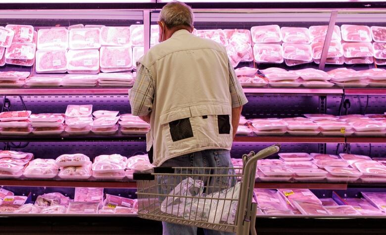 A man stands at a supermarket meat section with his back to the camera, looking at the packaged meat. 