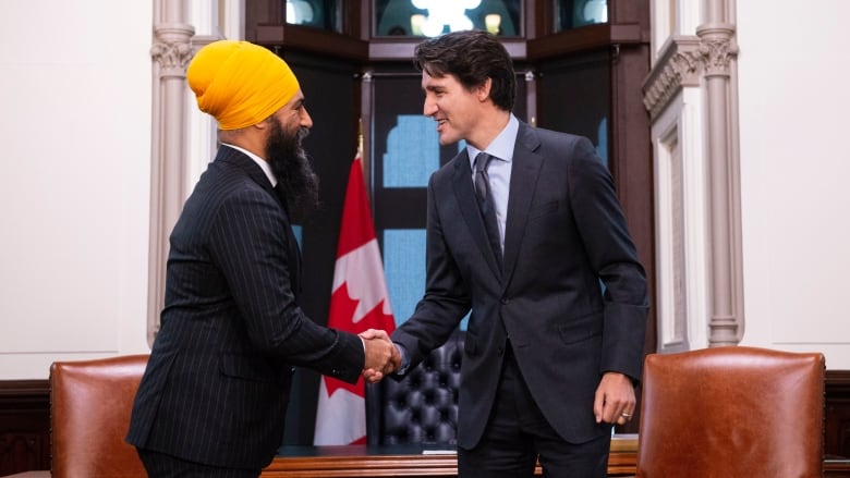 Two men smile at each other while shaking hands.