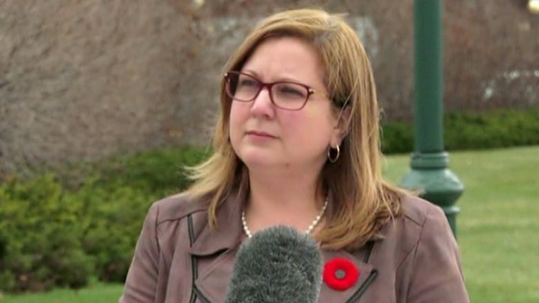 A woman with glasses and a red poppy on her lapel looks on as someone out of frame speaks to her.