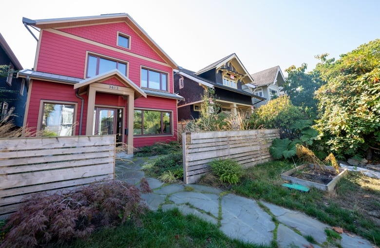 A red single-family home stands in a row of houses.