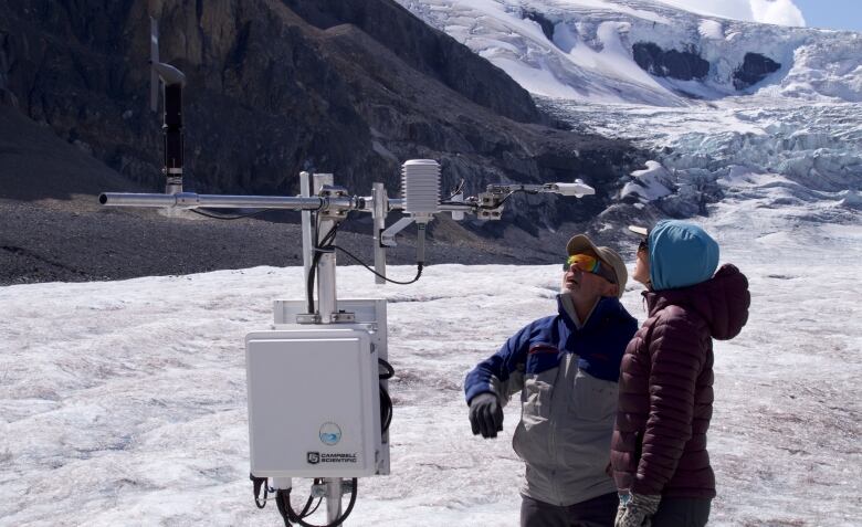 Two people standing beside each other in an ice field looking up.