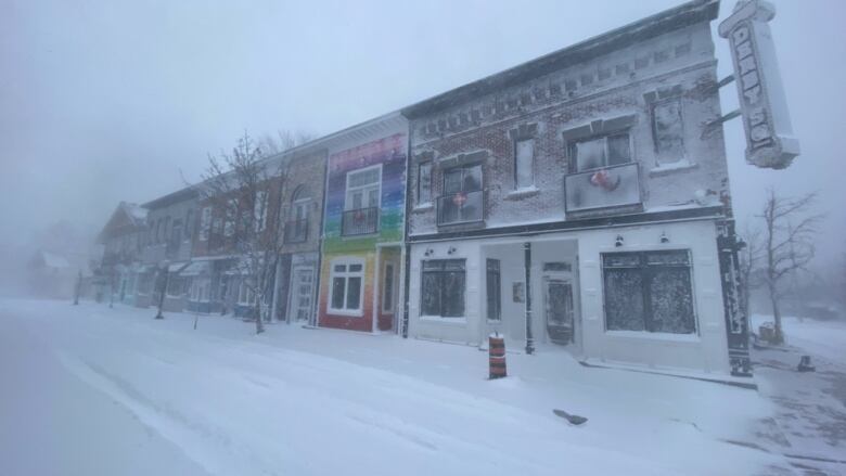 A snowy downtown.