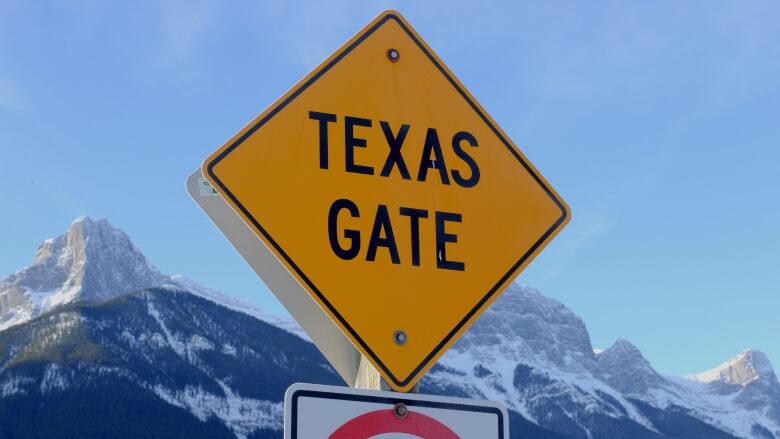 A yellow road sign reads Texas Gate and is posted near a cattle guard that is just outside of Canmore's Three Sisters Parkway. 