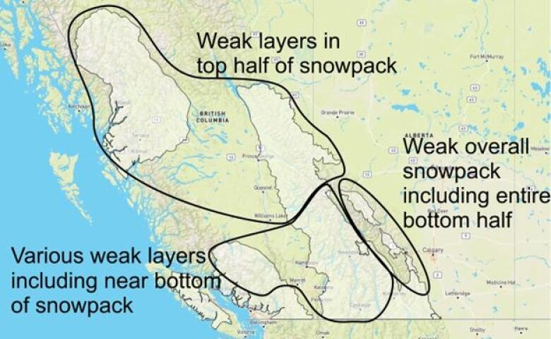 A map shows B.C.'s Interior, coastal Interior, and northwest are most at risk for avalanches. 