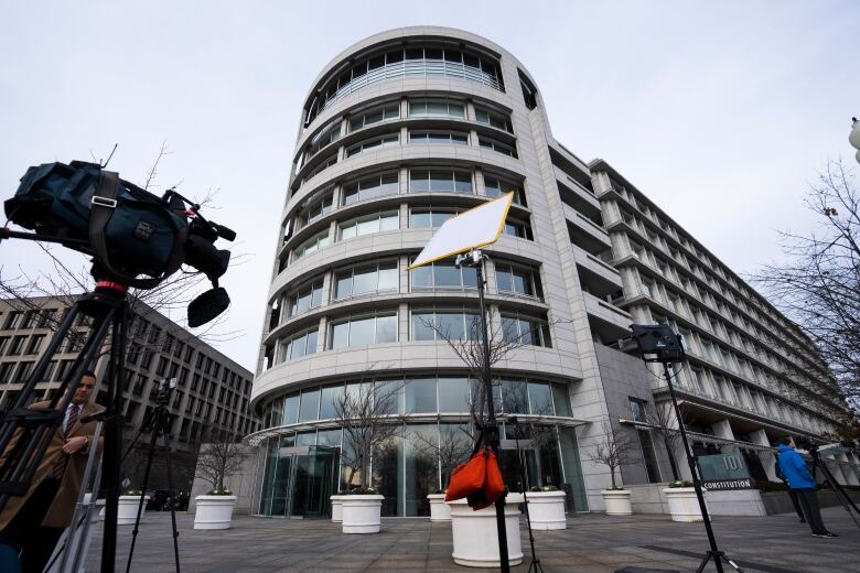 The exterior of an office building is shown.