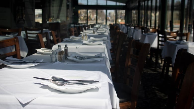 Empty restaurant tables with white tablecloths