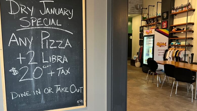 A sign for Dry January showing a deal for pizza and non-alcoholic drinks. 