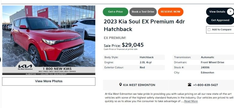 A screenshot of the advertised price for a 2023 KIA Soul from KIA West Edmonton's website. The car is bright red, and positioned beside pricing information.  