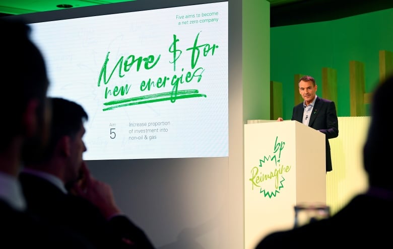 Newly minted BP CEO Bernard Looney is shown unveiling the oil giant's plan to invest heavily in renewable energy, in 2020.