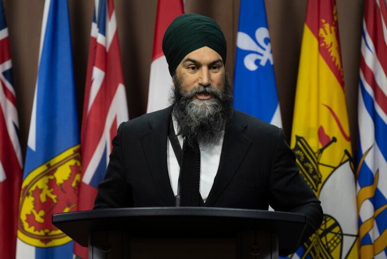 NDP Leader Jagmeet Singh speaks with reporters on Parliament Hill.