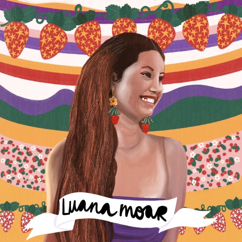 Illustrated portrait of Luana Moar, a woman with long brown hair wearing a purple top.  The background is stylized strawberries with stars as seeds. 