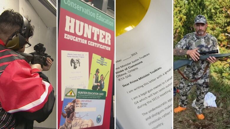 A collage of a hunting range, a hunter, a letter and a sign advertising hunting is shown.