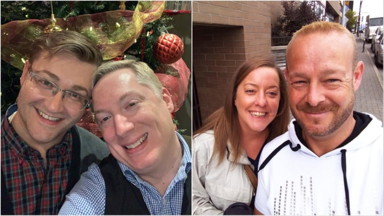 A collage of two couples taking selfies. To the left, two men smile in front of a Christmas tree. To the right, a man and woman smile while walking down a sidewalk.