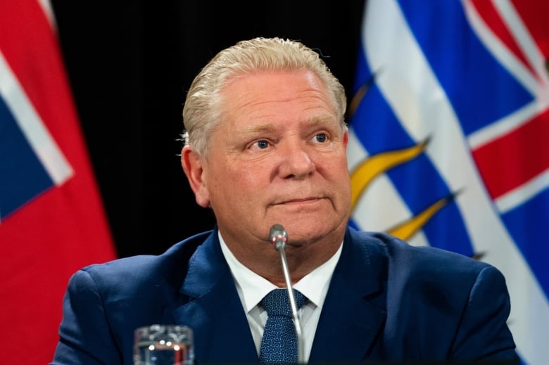 Ontario Premier Doug Ford, wearing a suit and tie, sits in front of small microphone at press conference in front of flags,