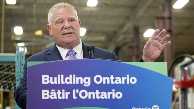 Ontario Premier Doug Ford speaks after touring the Oakville Stamping and Bending Limited facility in Oakville, Ont., on Wednesday, March 22, 2023.