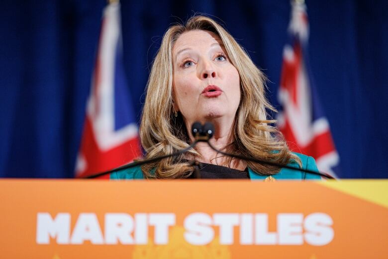 NDP Leader Marit Stiles speaks to members of the media before the tabling of the provincial budget, at Queens Park, in Toronto, on March 23, 2023.