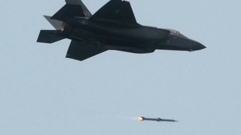 A South Korean F-35A fighter jet fires an air-to-air missile during a joint aerial drill between South Korea and the United States in South Korea on March 24, 2023.