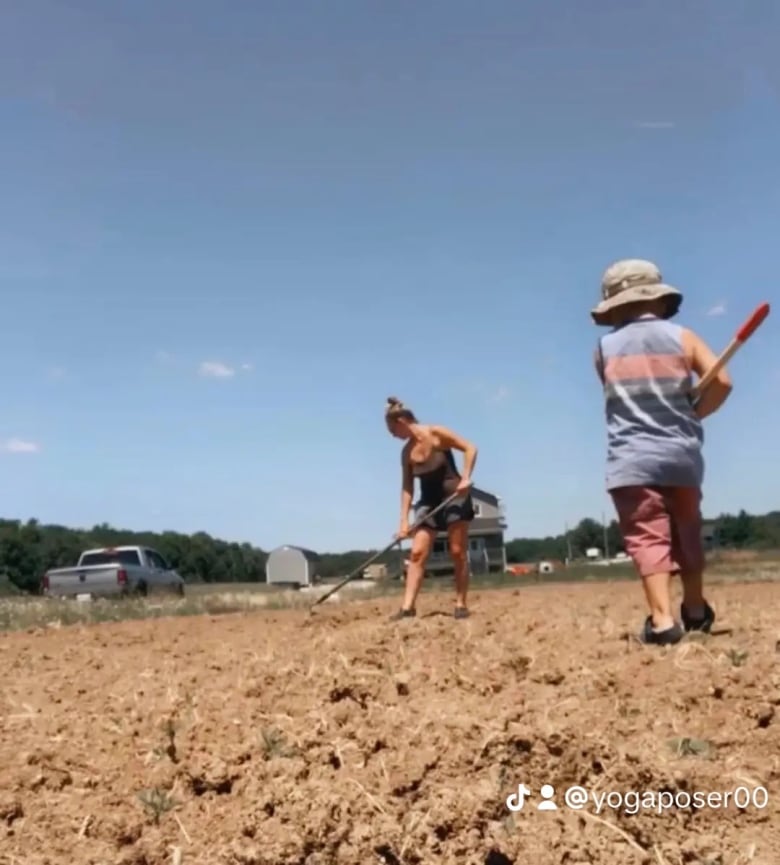 A woman raking a field, a child is working with her.