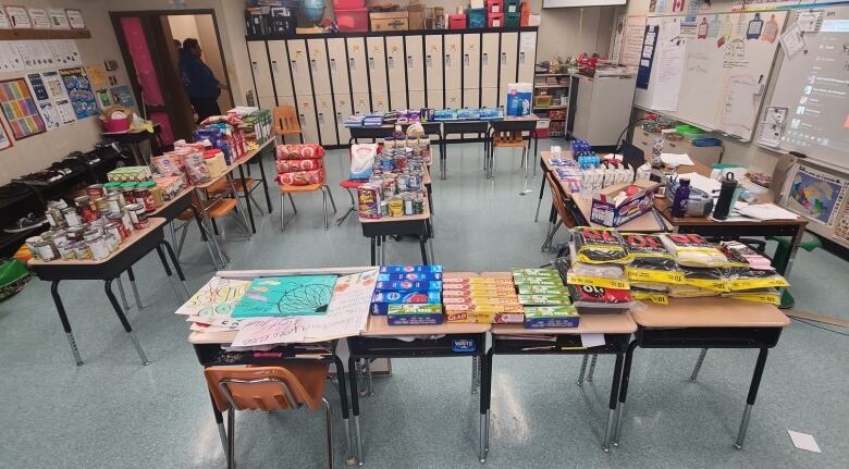 Food items are seen on classroom desks.