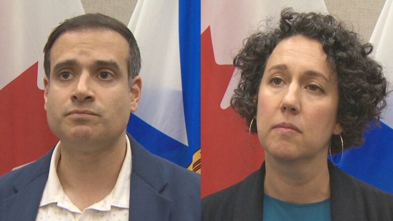 A collage of two images. One of a man in front of Nova Scotia flags. The other of a woman in front of Nova Scotia flags.