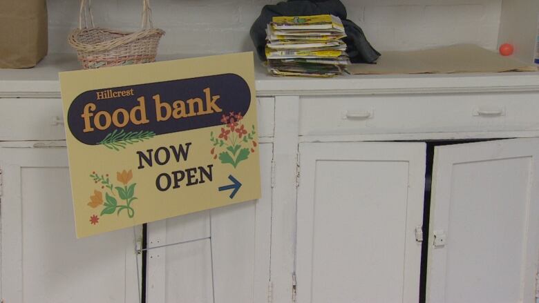 A sign leaning against a counter.