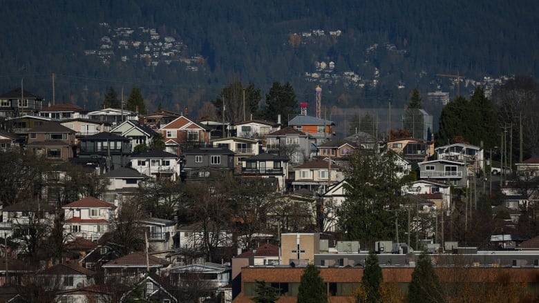 HHouses are seen on a hill in Vancouver, with the North Shore mountains in the distance.