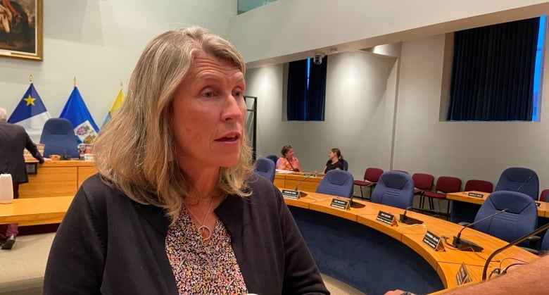 Fredericton Mayor Kate Rogers speaks while standing in council chambers.