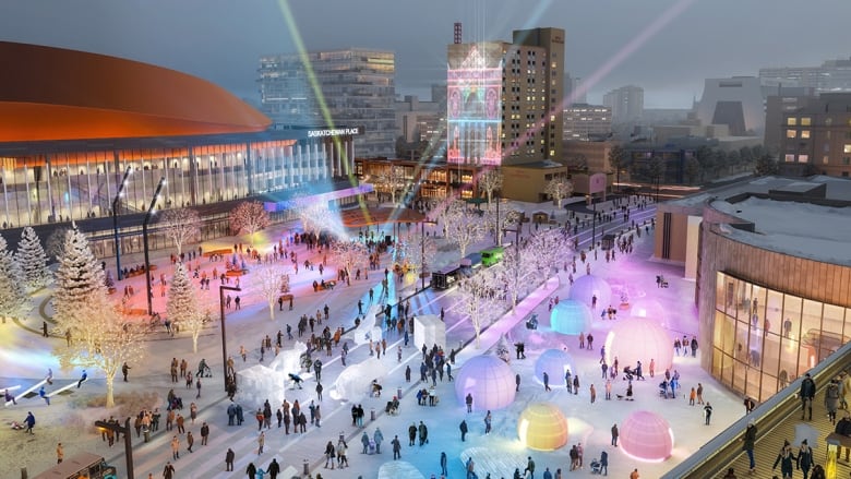 An artistic rendering of what the Downtown event and entertainment district, Saskatchewan Place, could look during winters once its completed capturing the potential for winter festivals.