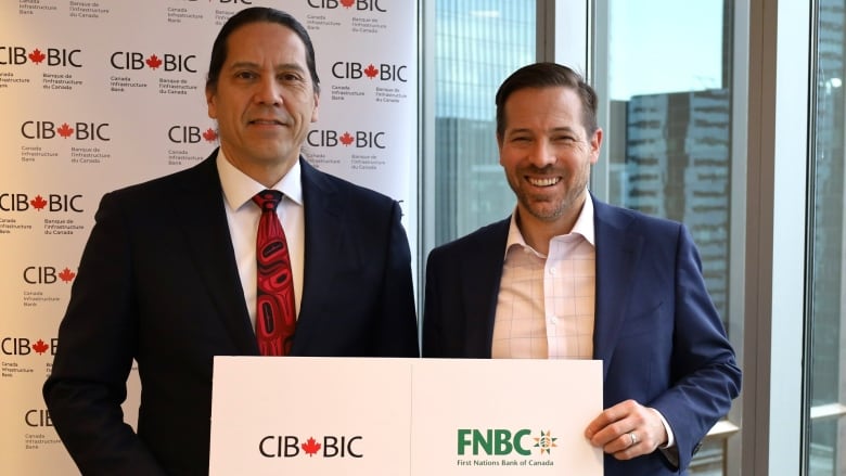 Two CEOs in suits pose for a photo holding up a sign with the logos of CIB and FNBC.