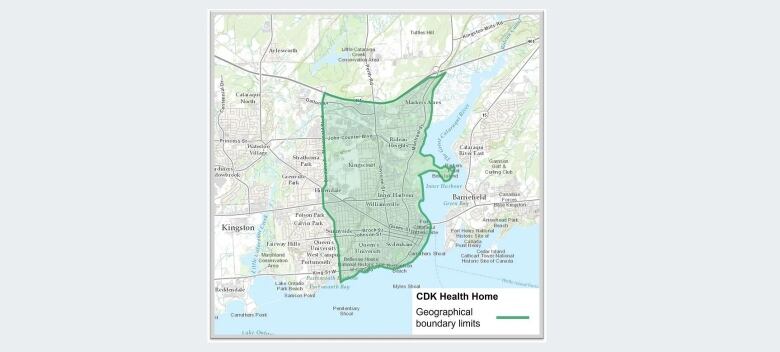 A map of Kingston showing a large chunk of the downtown, from Highway 401 to Lake Ontario and Sir John A. Macdonald Boulevard to the Catarqui River highlighted in Green.