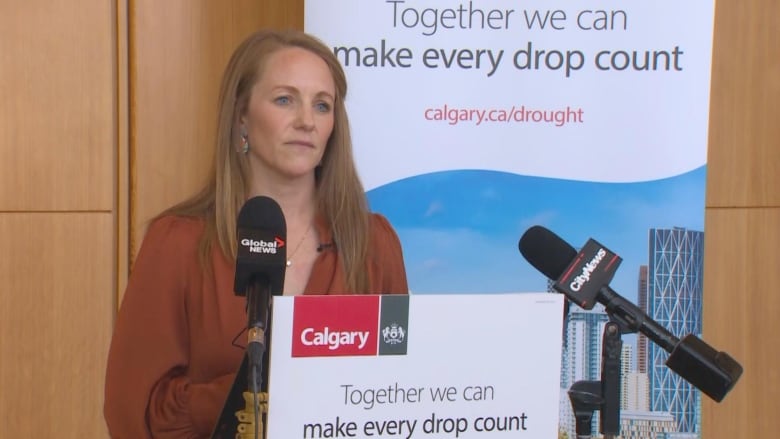 A woman stands in front of a podium.