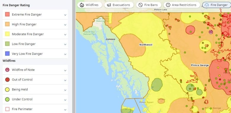 A map showing a high fire danger rating in northeast B.C.