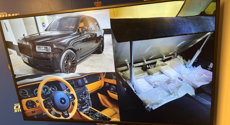 A collage if images shows a luxury black vehicle with a compartment filled with drugs.