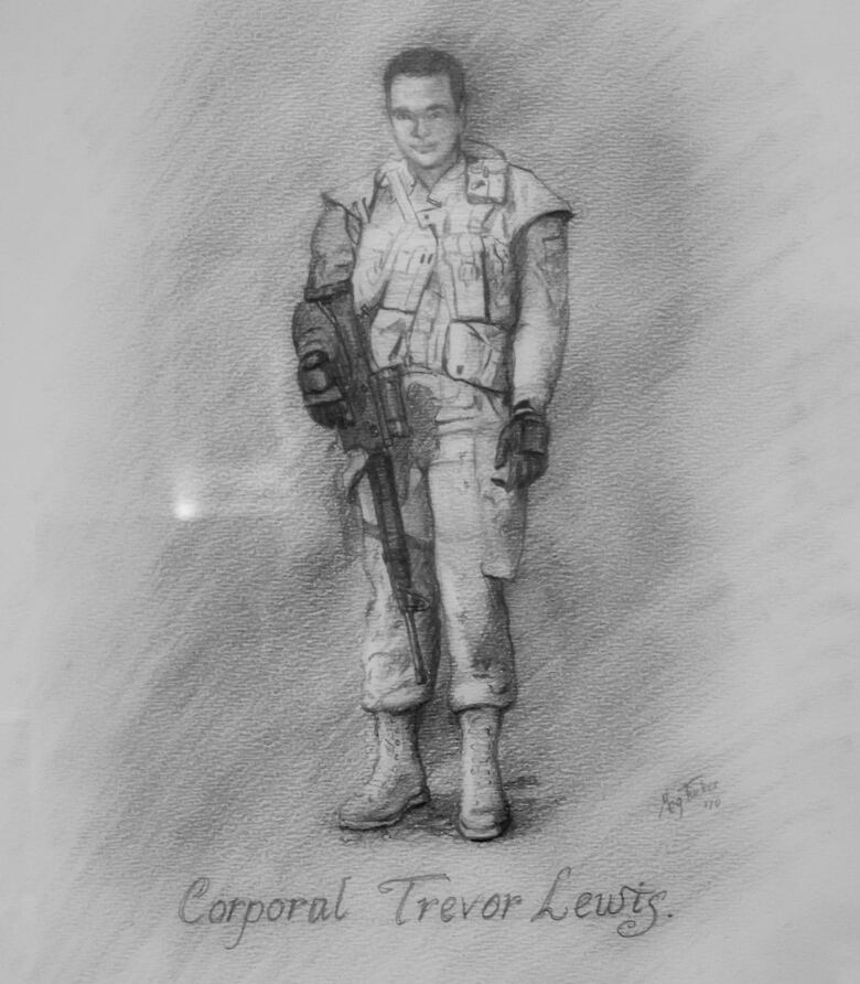 A pencil sketch of a man in army fatigues holding a rifle. 