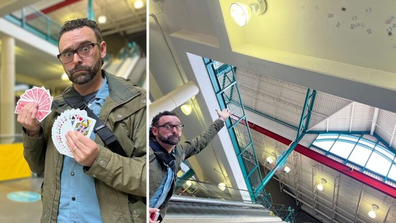 two photos side by side show a man holding two decks of cards and then a magic trick where the cards are stuck to a cieling.