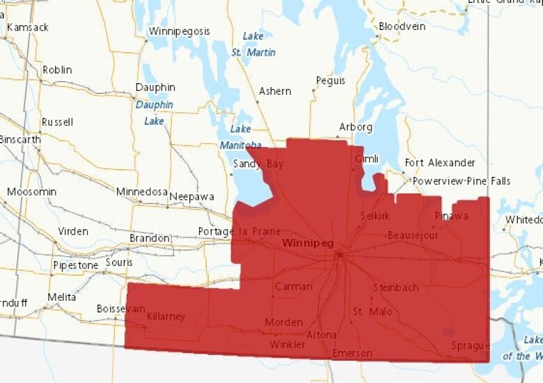 A map of southern Manitoba with a chunk highlighted in red