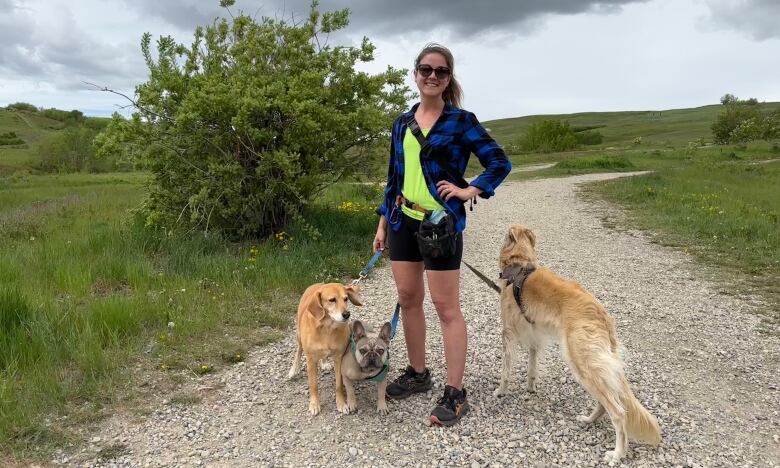 A dog walker with three dogs leashed to her waist, in an open park