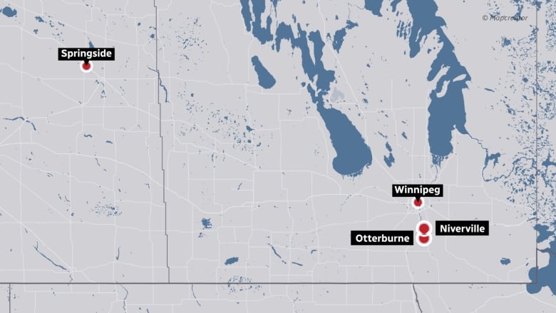 A map showing Springside, Sask., as well as locations in Manitoba: Winnipeg, Niverville, Otterburne.