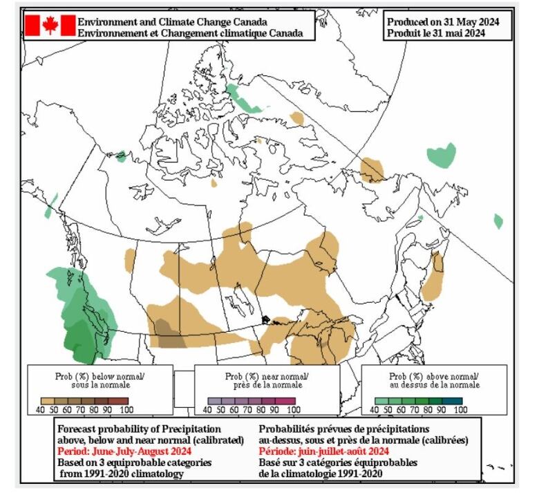 A map of Canada shows some green areas and some brown areas, but is mostly white.