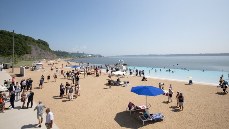 People dot a beach with a clear blue sky.