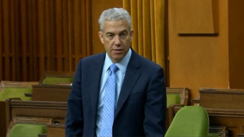 A man in a blue suit and tie stands and speaks in the House of Commons.